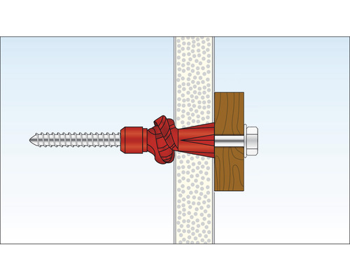 Illustration einer Dübelbefestigung in einer Wand mit Schraube und Holzstück