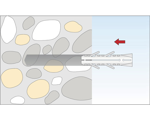 Illustration d''une cheville de fixation dans un mur de pierre avec indication de direction