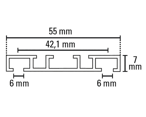Schéma technique d''un profilé avec les dimensions 55 millimètres, 42,1 millimètres, 7 millimètres et 6 millimètres