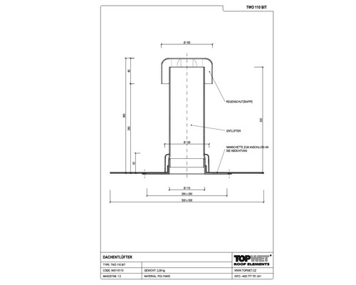 TopWet Dachentlüfter mit integrierter Bitumen-Manschette NW 110 H = 300 mm