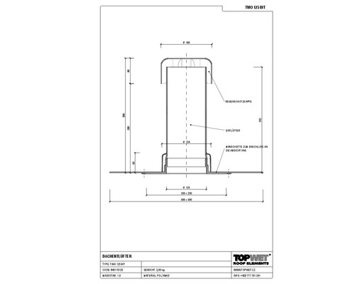 TopWet Dachentlüfter mit integrierter Bitumen-Manschette NW 125 H = 300 mm