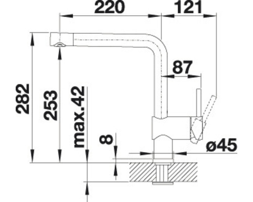 Schéma technique d''un robinet de cuisine avec indications de dimensions.