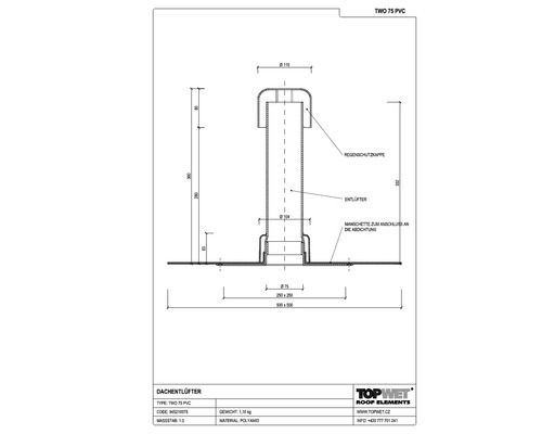 TopWet Dachentlüfter mit integrierter PVC-Manschette NW 75 H = 300 mm