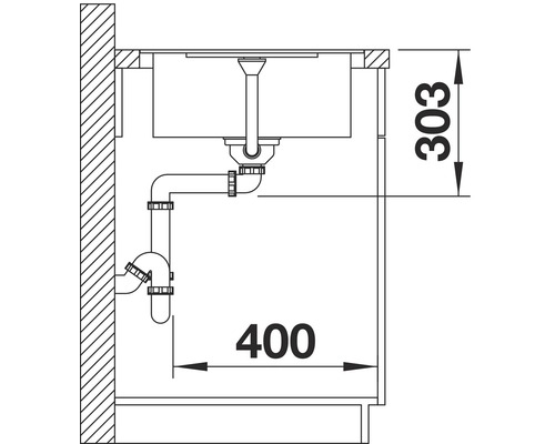 Schéma d''un évier avec siphon et indications de dimension