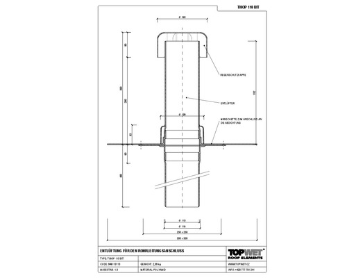 TopWet Kanalisationsentlüftung mit integrierte Bitumen-Manschette inkl Regenschutzklappe NW 110 H = 332 mm