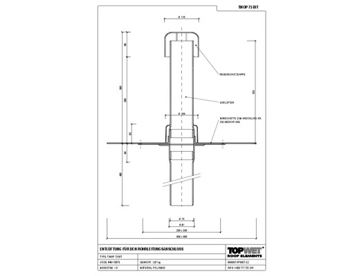 TopWet Kanalisationsentlüftung mit integrierte Bitumen-Manschette inkl Regenschutzklappe NW 75 H = 332 mm
