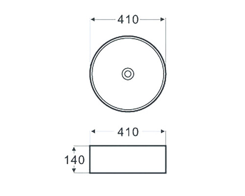 Dessin d''un lavabo mesurant 410 x 410 x 140 millimètres.