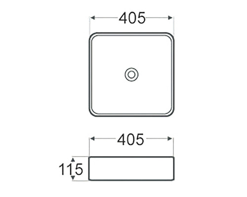 Schéma technique d''un lavabo à poser, dimensions 405 x 405 x 115 mm.