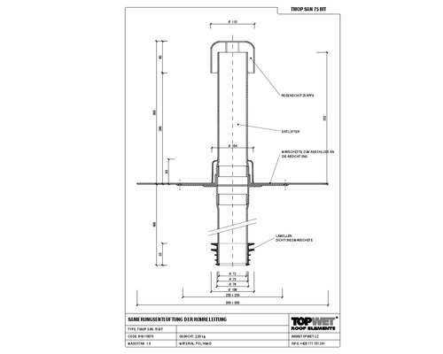 TopWet Saniernugsentlüftung mit integrierter Bitumen-Manschette NW 75 H= 200+332 mm