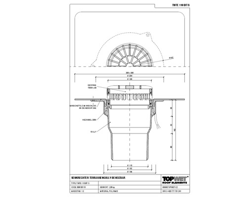 TopWet Terrassengully mit integrierter Bitumen-Manschette beheizbar NW 110 H = 182 mm