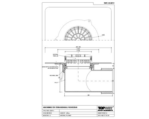 TopWet Terrassengully horizontal mit integrierter beheizbarer Bitumen-Manschette NW 125 H = 151 mm