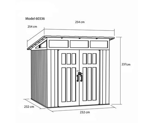 Illustration d''une cabane de jardin avec des mesures : modèle 60336, 254 cm de profondeur, 237 cm de hauteur, 232 cm de largeur.