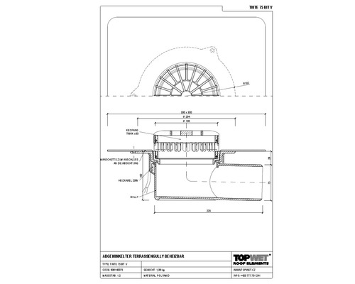 TopWet Terrassengully horizontal mit integrierter beheizbarer Bitumen-Manschette NW 75 H = 103 mm