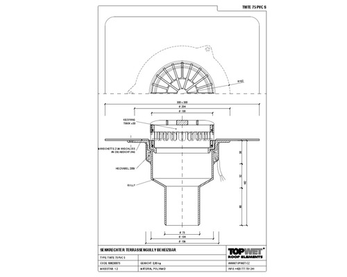 TopWet Terrassengully senkrecht mit integrierter beheizbarer PVC-Manschette NW 75 H = 182 mm