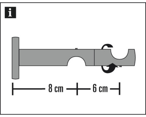 Gardinenstangenhalterung mit den Massen acht Zentimeter und sechs Zentimeter.