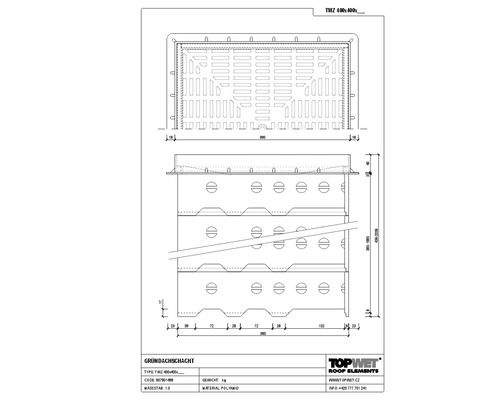 TopWet Kontrollschacht für Gründach mit begehbares Kunststoffgitter 400 x 400 x 130 mm