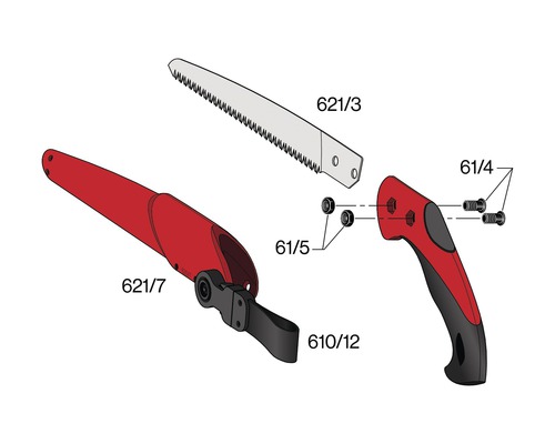 Explosionszeichnung einer Astsäge mit Sägeblatt, Griff, Schrauben und Schutzhülle