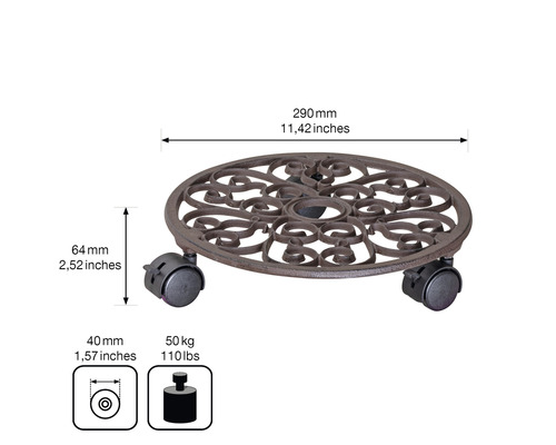 Support à plantes en métal avec roulettes, diamètre 290 millimètres