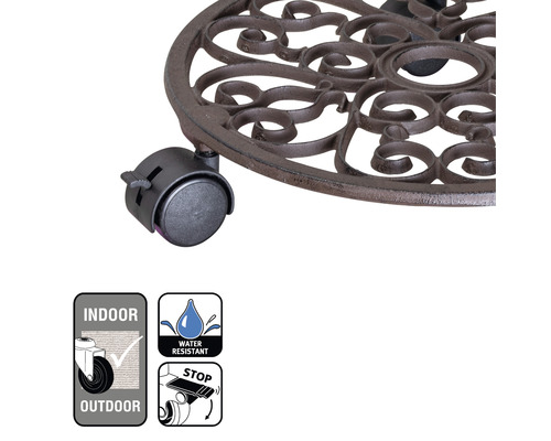 Support à plantes en métal avec roulettes et ornements décoratifs