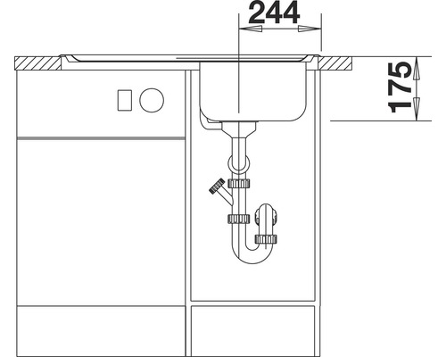 Schéma technique d''un évier avec meuble bas et indications de dimensions