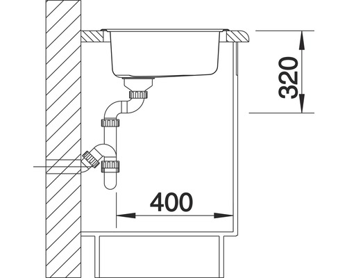 Schéma d''un évier avec des dimensions de 320 et 400 mm.