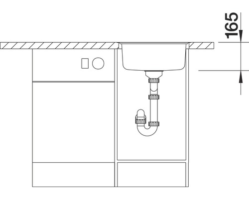 Skizze einer Spüle mit Siphon und Unterschrank, Seitenansicht