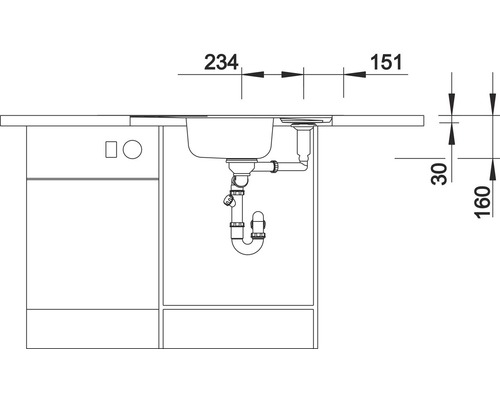 Schéma technique d''un évier avec meuble sous-évier et indications de dimensions