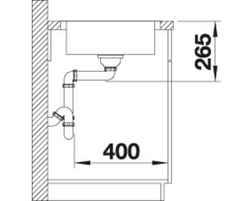 Dessin technique d''un évier avec évacuation et indications de dimensions