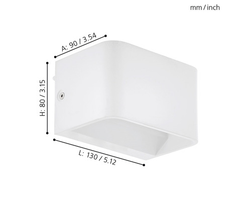 Weisse Wandleuchte mit Massangaben.
