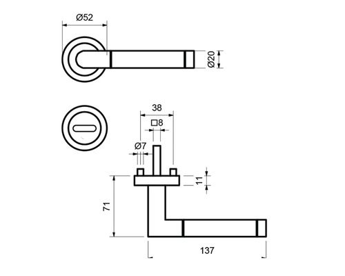 Schéma technique d''une poignée de porte avec dimensions