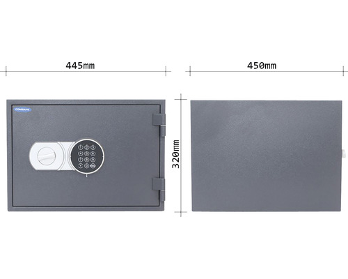Image d''un coffre-fort mesurant 445 sur 320 sur 450 millimètres.