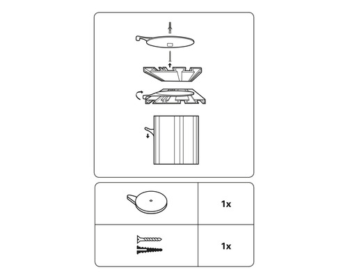 Instructions de montage pour un produit comprenant un couvercle, un support et des vis.