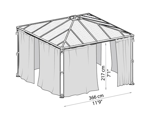 Illustration d''un pavillon avec des rideaux et les dimensions 217 cm de hauteur et 366 cm de longueur