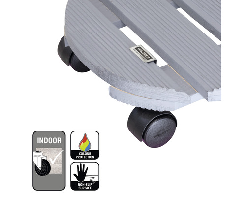 Rolluntersetzer aus Holz mit Rädern, geeignet für den Innenbereich. Mit Farbschutz und rutschfester Oberfläche.