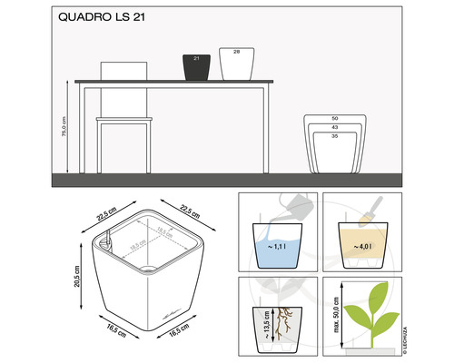 Dimensions et volumes du pot Lechuza Quadro LS 21.