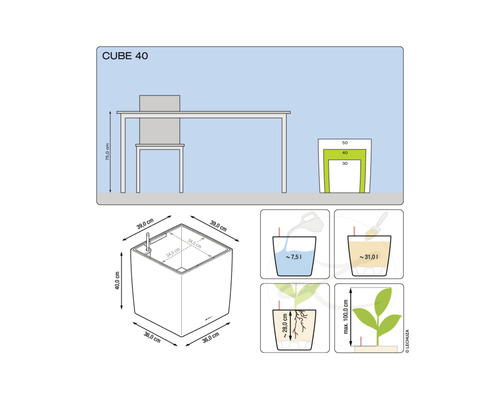 Abmessungen des Cube 40 Pflanzkuebels und Anwendungshinweise
