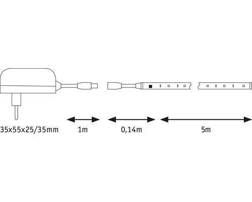 LED-Streifen mit Netzteil und Maßen
