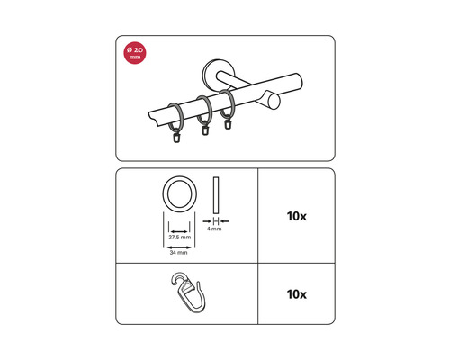 Schéma technique des anneaux de rideaux d''un diamètre de 20 millimètres et des crochets de rideaux, 10 pièces