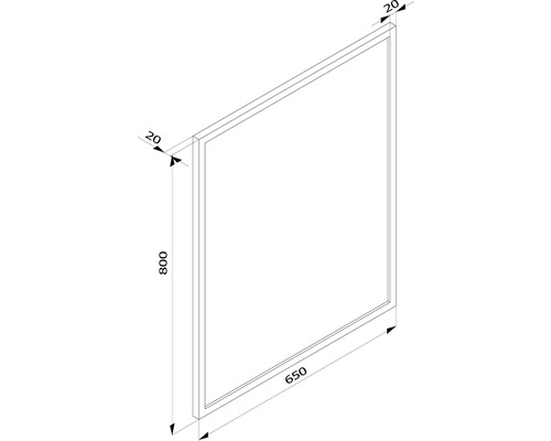 Zeichnung eines Rahmens mit den Maßen 800 mm Höhe, 650 mm Breite und 20 mm Tiefe