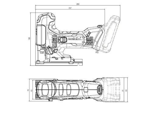 Plan de cotation de la scie sauteuse Metabo avec vue latérale et vue de dessus