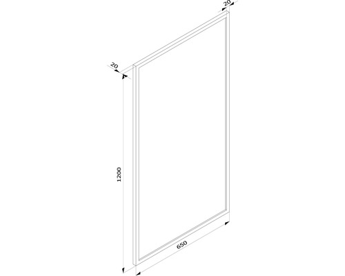 Dessin technique d''une paroi de douche avec des dimensions de 1200 x 650 mm