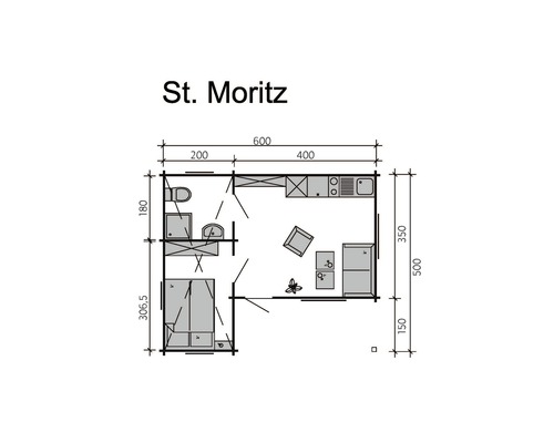 Plan de St. Moritz avec dimensions pour salle de bain, cuisine et salon