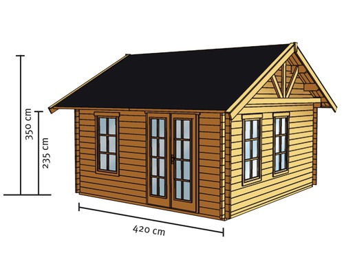 Illustration d''un abri de jardin en bois avec des dimensions de 420 cm de longueur, 235 cm de hauteur latérale et 350 cm de hauteur totale.