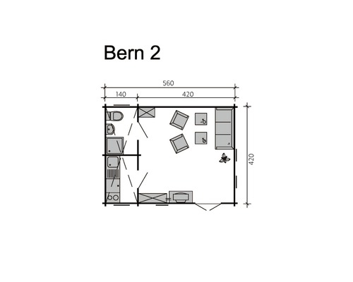 Plan du chalet de jardin Bern 2 avec mobilier et dimensions