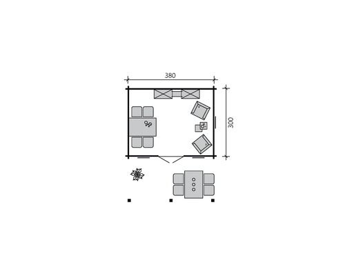 Plan du chalet de jardin avec des dimensions de 380 x 300 cm, aménagement du mobilier inclus
