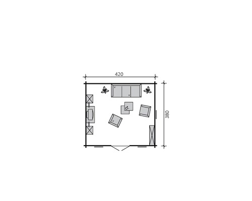 Plan d''un abri de jardin mesurant 420 x 380 centimètres.