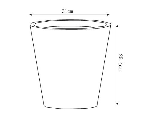 Abbildung eines Pflanzgefäßes mit den Maßen 31 cm Durchmesser und 25,4 cm Höhe.