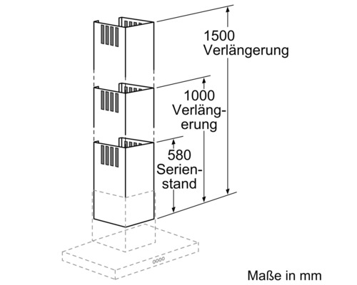 Dessin technique avec dimensions pour les extensions de hottes aspirantes.