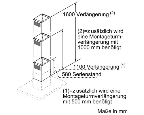 Schéma technique hotte aspirante avec indications de dimensions pour l''extension de la tour de montage