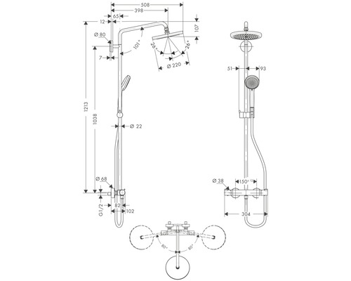 Schéma technique d''un ensemble de douche avec dimensions.